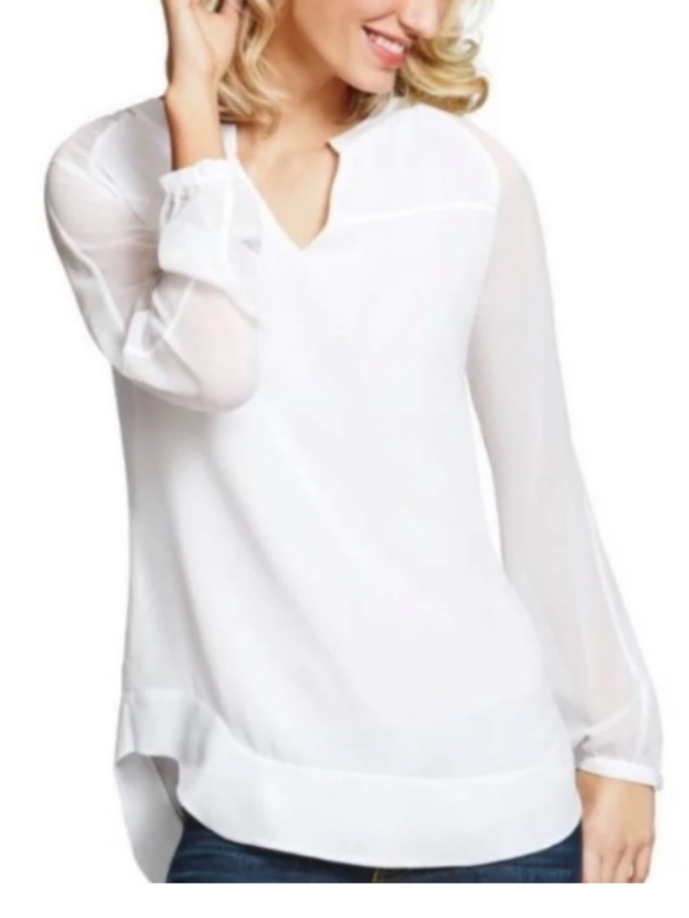 CAbi White Long Sleeve Split Neck Blouse | Flowy Tunic Top